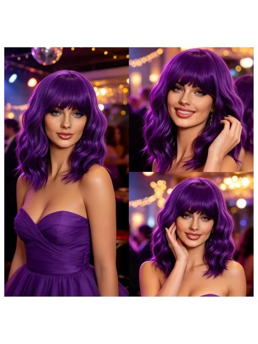 Women's Dark Purple 14 Inch Heat Resistant Synthetic Short Wavy Bob Wigs Bangs